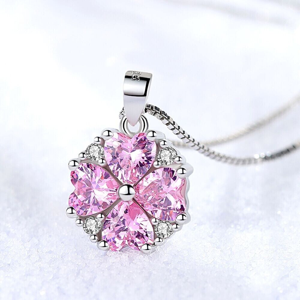 925 Sterling Silver Crystal Pink Heart Pendant Necklace Women Jewellery Gift UK