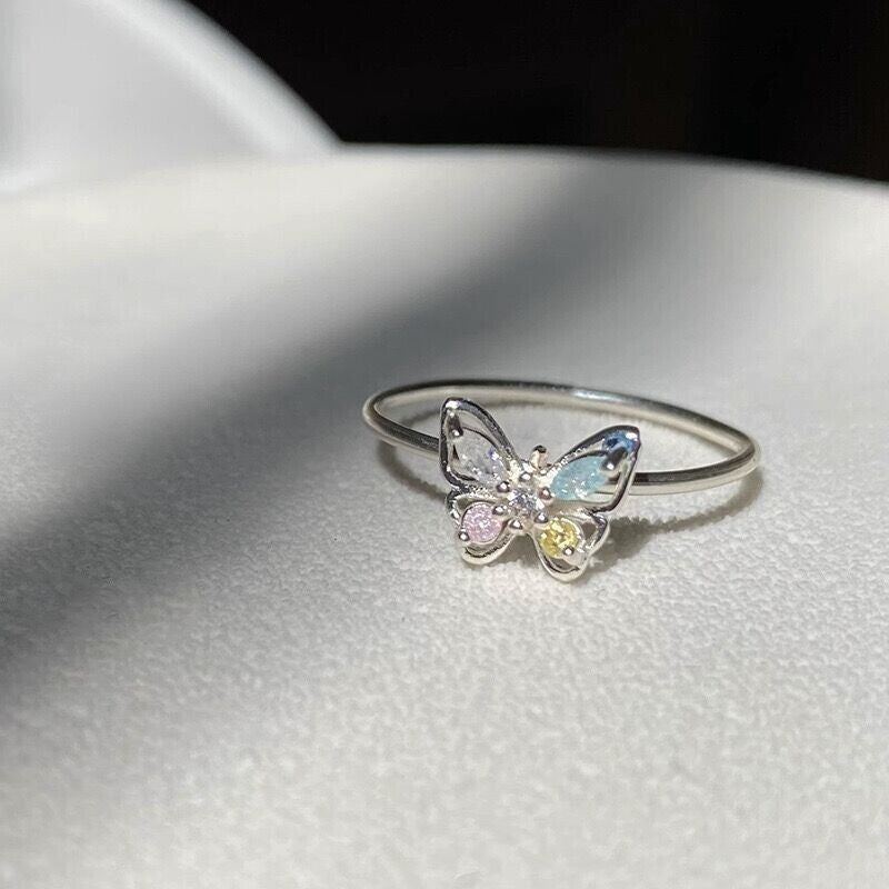 925 Sterling Silver Colourful Butterfly Adjustable Ring Womens Girls Jewellery