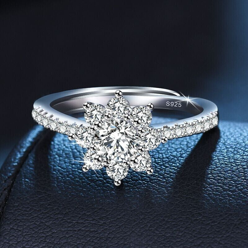 925 Sterling Silver Crystal Snowflake Adjustable Ring Jewellery Christmas Gift