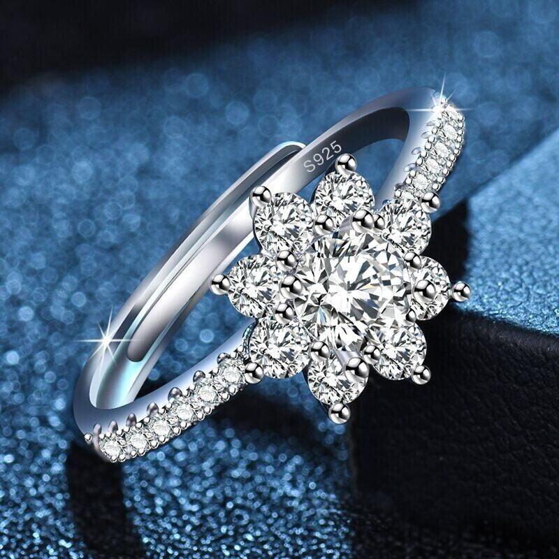 925 Sterling Silver Crystal Snowflake Adjustable Ring Jewellery Christmas Gift