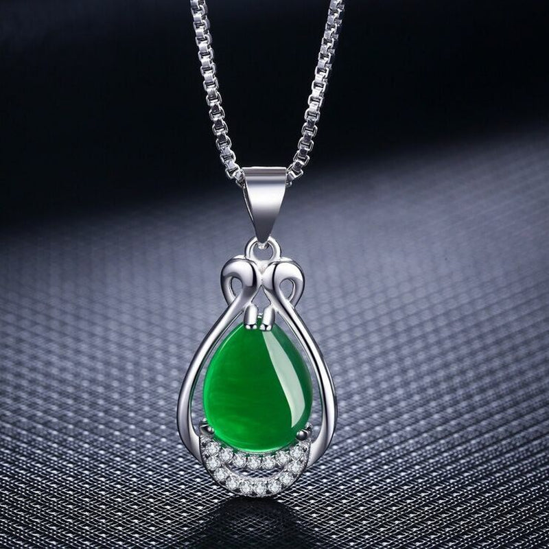 925 Sterling Silver Crystal Water Drop Jade Pendant Necklace Women Jewellery UK