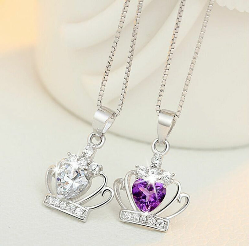 Womens 925 Sterling Silver Crystal Crown Pendant Chain Necklace Jewellery Gift