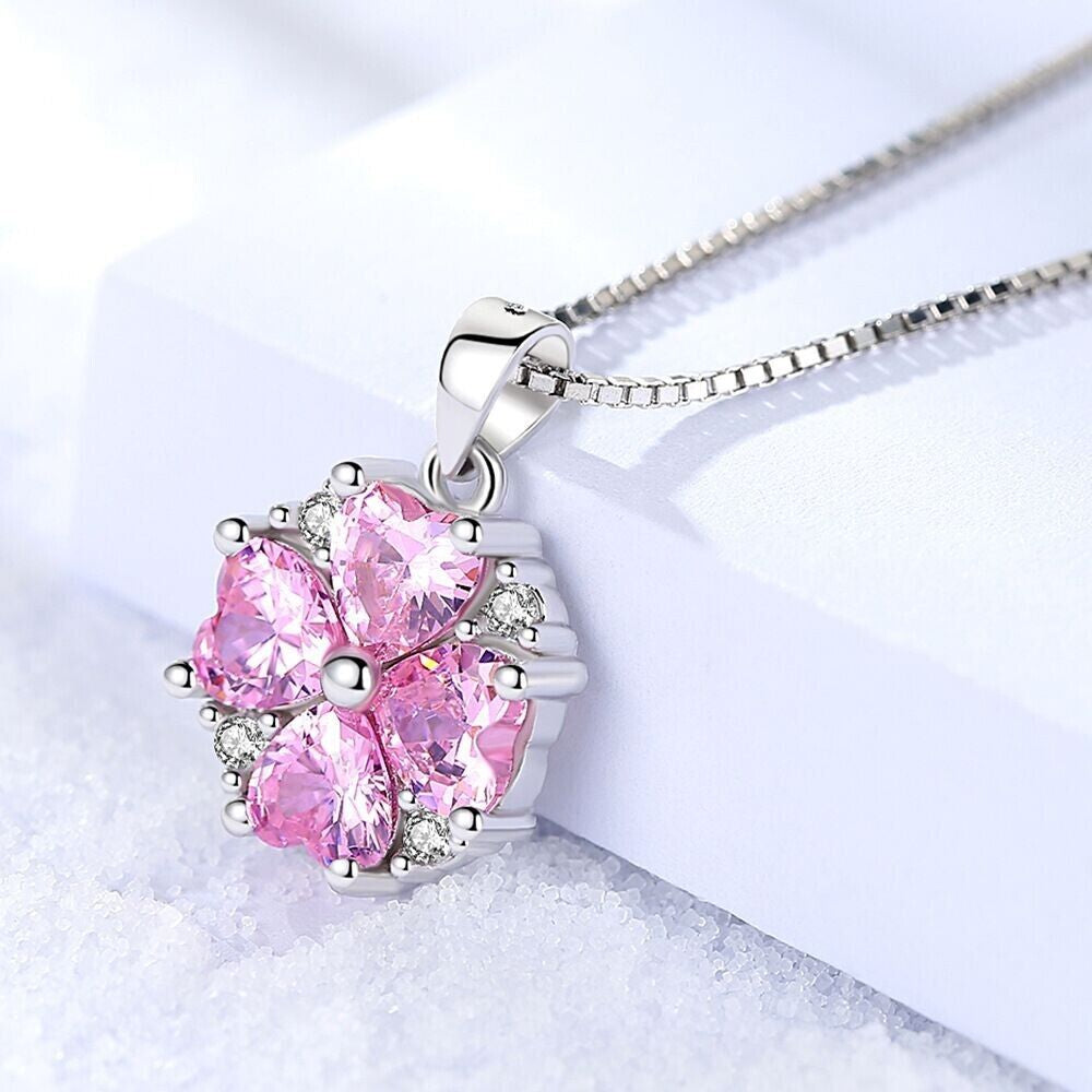 925 Sterling Silver Crystal Pink Heart Pendant Necklace Women Jewellery Gift UK