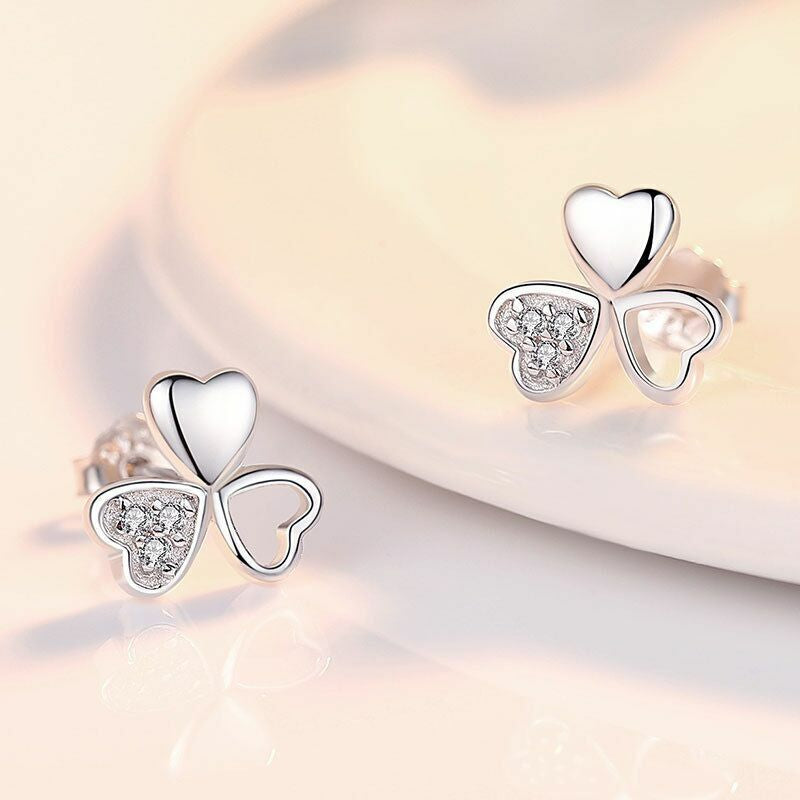 Crystal Love Clover Stud Earrings 925 Sterling Silver Women Girls Jewellery Gift