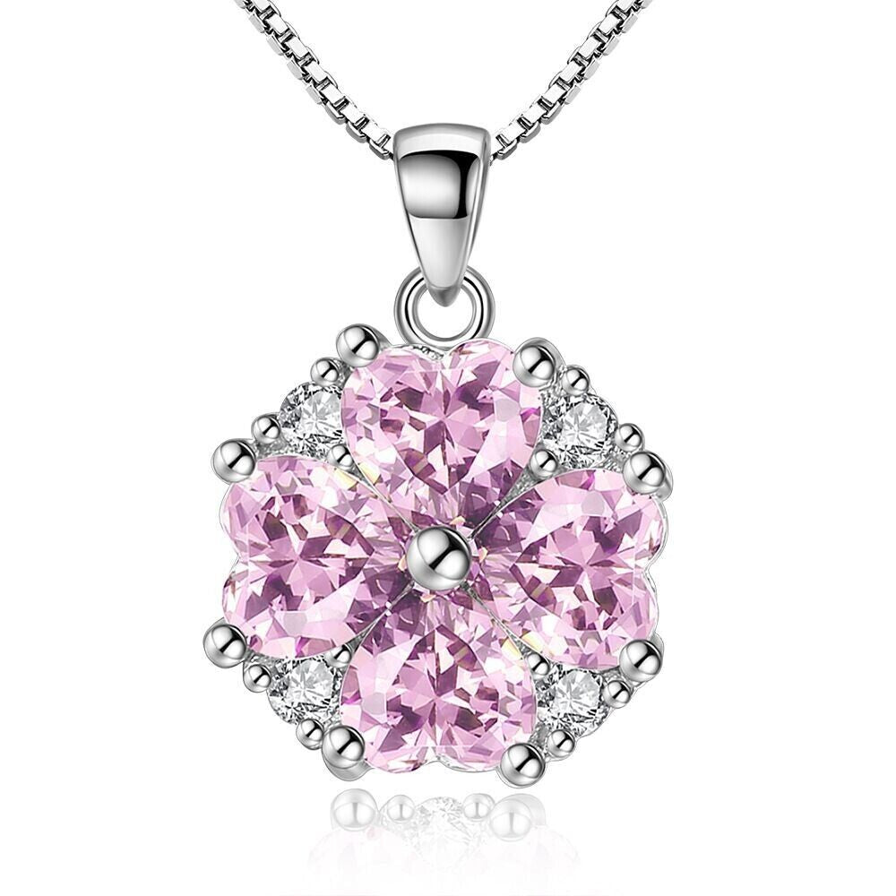 925 Sterling Silver Crystal Pink Heart Pendant Necklace Women Jewellery Gift UK