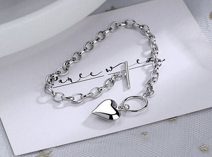 Heart Pendant 925 Sterling Silver Plated Chain Necklace Bracelet Women Jewellery