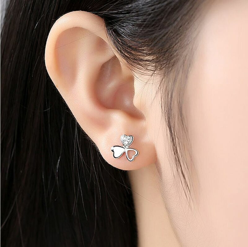 Crystal Love Clover Stud Earrings 925 Sterling Silver Women Girls Jewellery Gift