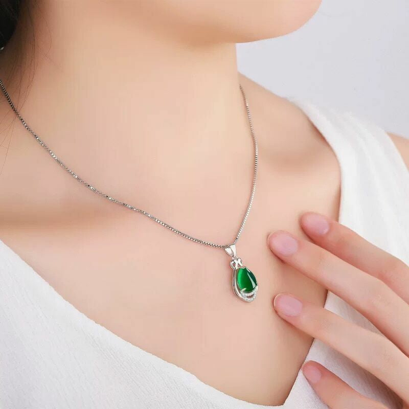 925 Sterling Silver Crystal Water Drop Jade Pendant Necklace Women Jewellery UK