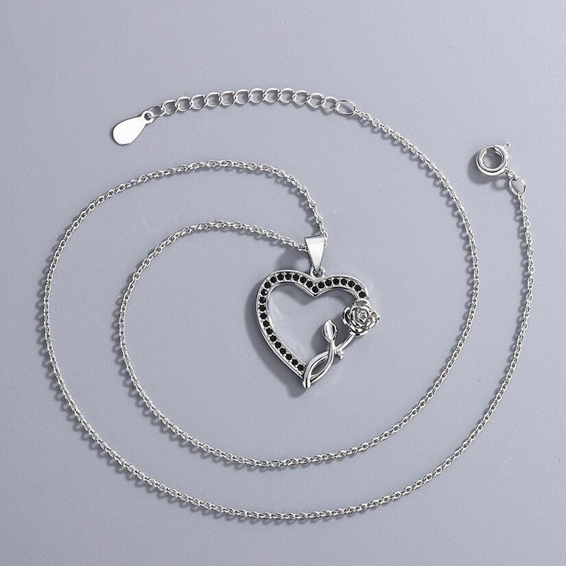 Crystal Heart Rose Choker Necklace Pendant 925 Sterling Silver Womens Jewellery